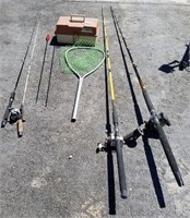 Lot Of 4 Various Fishing Poles And Tackle Box