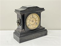 Black Onyx Gold Incised Mantle Clock w/ Lionsheads