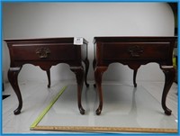 TWO SOLID WOOD END TABLES W/ GLASS TOP AND DRAWER