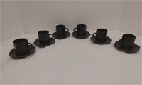 6 Black Glass Tea Cups and Saucer