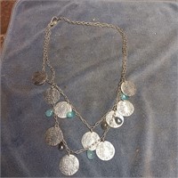 Silver Toned Coin Style Necklace with Gem Stones