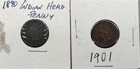 1890 & 1901 Indian Head Pennies