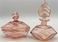 Vintage Pink Glass Perfume Bottle & Powder Box