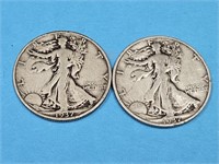 2-1937 S US Walking Liberty Half $ Silver Coins