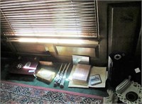 Document box, candle sticks, fan, wooden box, etc