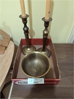 Brass bowl and candlesticks