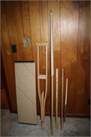 Yard sticks, vintage crutches, cutting board