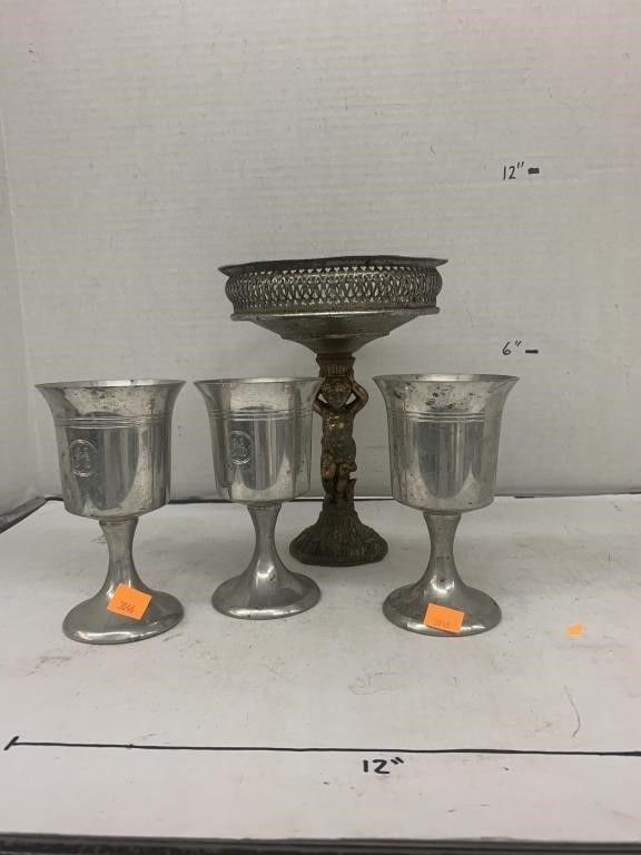 3 metal cups, decorative dish