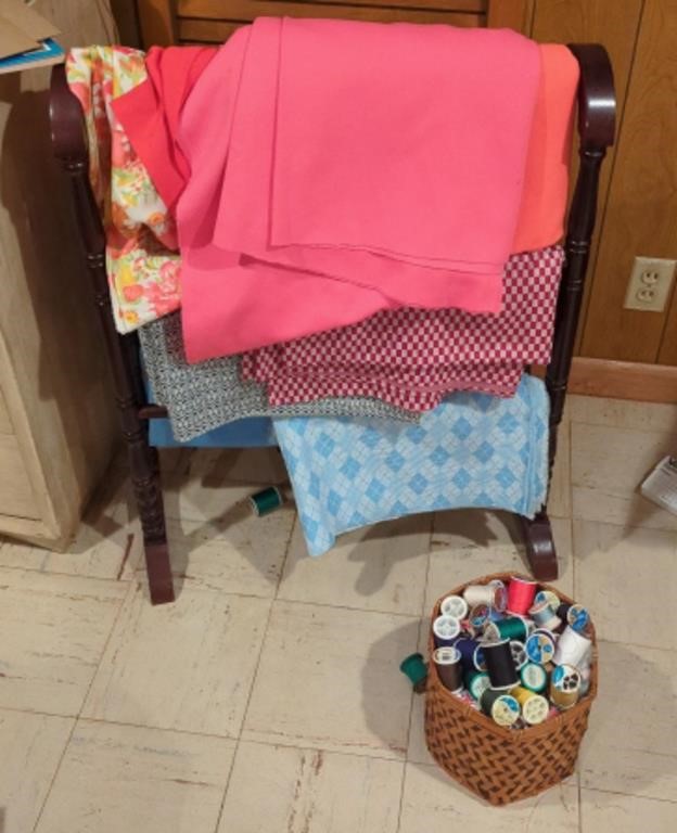 Quilt rack with soft goods & basket of thread