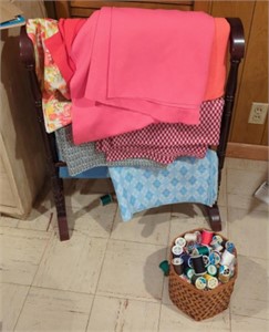 Quilt rack with soft goods & basket of thread