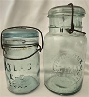 Lot of 2 tinted glass jars climax & Atlas