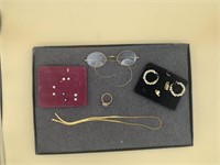 JEWELRY LOT WITH 10K GOLD RIMMED GLASSES