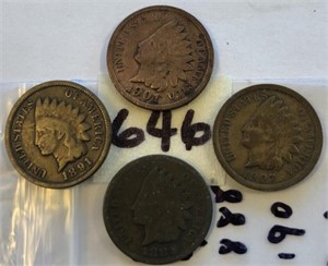 1888,1891,1901,1907 4 Indian Head Cents