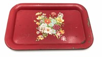 Vintage Metal Platter Tray Red Floral Marks From