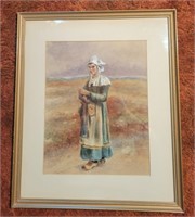 Pastel/Watercolor Dutch Woman Art, unmarked