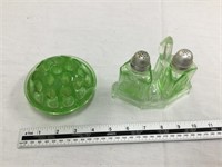 Green glass flower frog and shakers