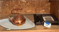 Picture frames and glass, shelves, copper teapot