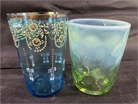 Antique Enamel Painted & Green Opalescent Glasses