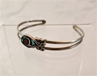 Sterling silver cat bracelet 2.5" turquoise/coral