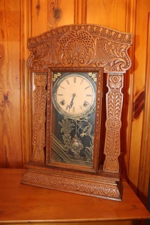 Antique Gingerbread mantle clock with key (not