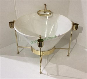 Vintage MCM milk glass chip bowl on gold metal