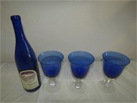 3 Blue Glasses & Blue Bottle