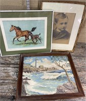 Framed horse print, photo print and vintage paint