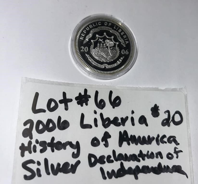 LOT#66) 2006 LIBERIA $20 HISTORY OF AMERICA .999 S