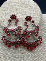 Vintage Jewlery Silver Tone & Red Beaded Earrings