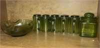 Green Glass Mugs, Dish, Jar