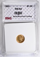 1853 $1.00 GOLD LIBERTY HEAD RNG CH/GEM BU