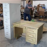 Metal Desk & 5 - Drawer File Cabinet