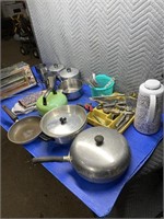 Miscellaneous pots and pans, cutlery, kettle,