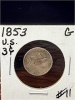 1853 US 3 cent Silver-G