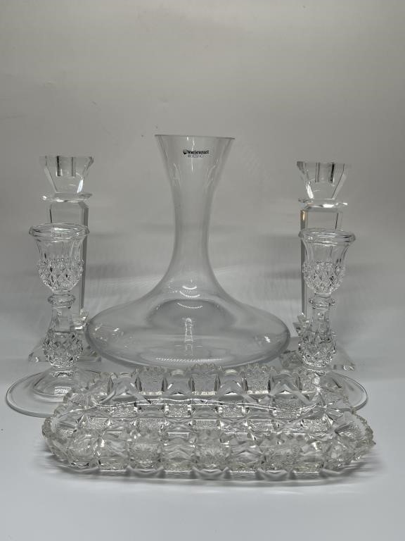 Clear Glass: 1- Carafe, 6- Candlesticks, 1- Tray