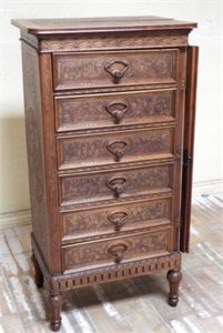 Floral Carved Chestnut Side Locking Tall Chest.