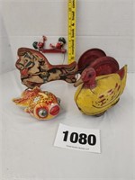 Vintage Duck, Goldfish, Wooden Horse Tin Toys
