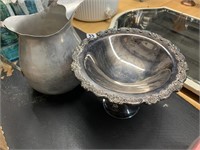 SILVER PLATE PEDESTAL BOWL AND ALUMINUM PITCHER