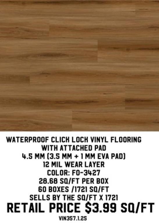 Waterproof Click Lock Vinyl Flooring w/Pad x1721SF