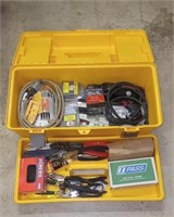 TOOLBOX W/ JIGSAW, STAPLER, WRENCHES, DRILL, ETC