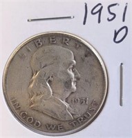 1951 D Benjamin Franklin Silver Half Dollar