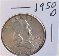 1950 D Benjamin Franklin Silver Half Dollar