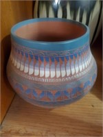 Blue Design Southwest Pottery Vase, Marked