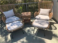 2 Wicker Style Chairs With Ottomans And 1 Table
