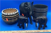 African Theme Pottery & Wood Carved Elephants