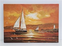 SIGNED OIL ON CANVAS SHIP SCENE - 28" X 20"