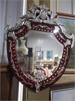 433-RED VENETIAN SHIELD MIRROR 30" T X 26 " W