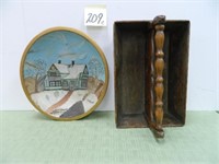 Early Wood Hand Painted Bowl & Wood Silverware -