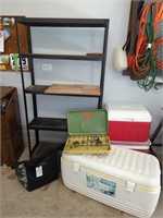 4 COOLERS, COLEMAN CAMP STOVE AND METAL SHELF