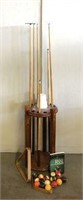 Pool Cue Stand with Chalk & Billiard Balls